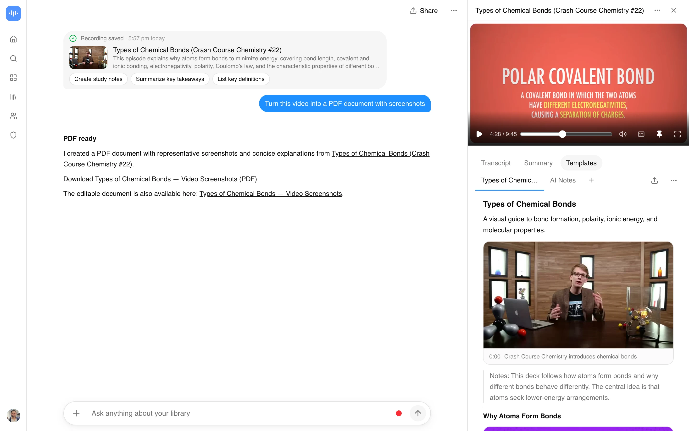 ScreenApp verwandelt ein Crash-Course-Chemistry-Video in ein PDF-Dokument mit eingebetteten Screenshots und Zeitstempeln, aufgenommen in Produktion im September 2026.