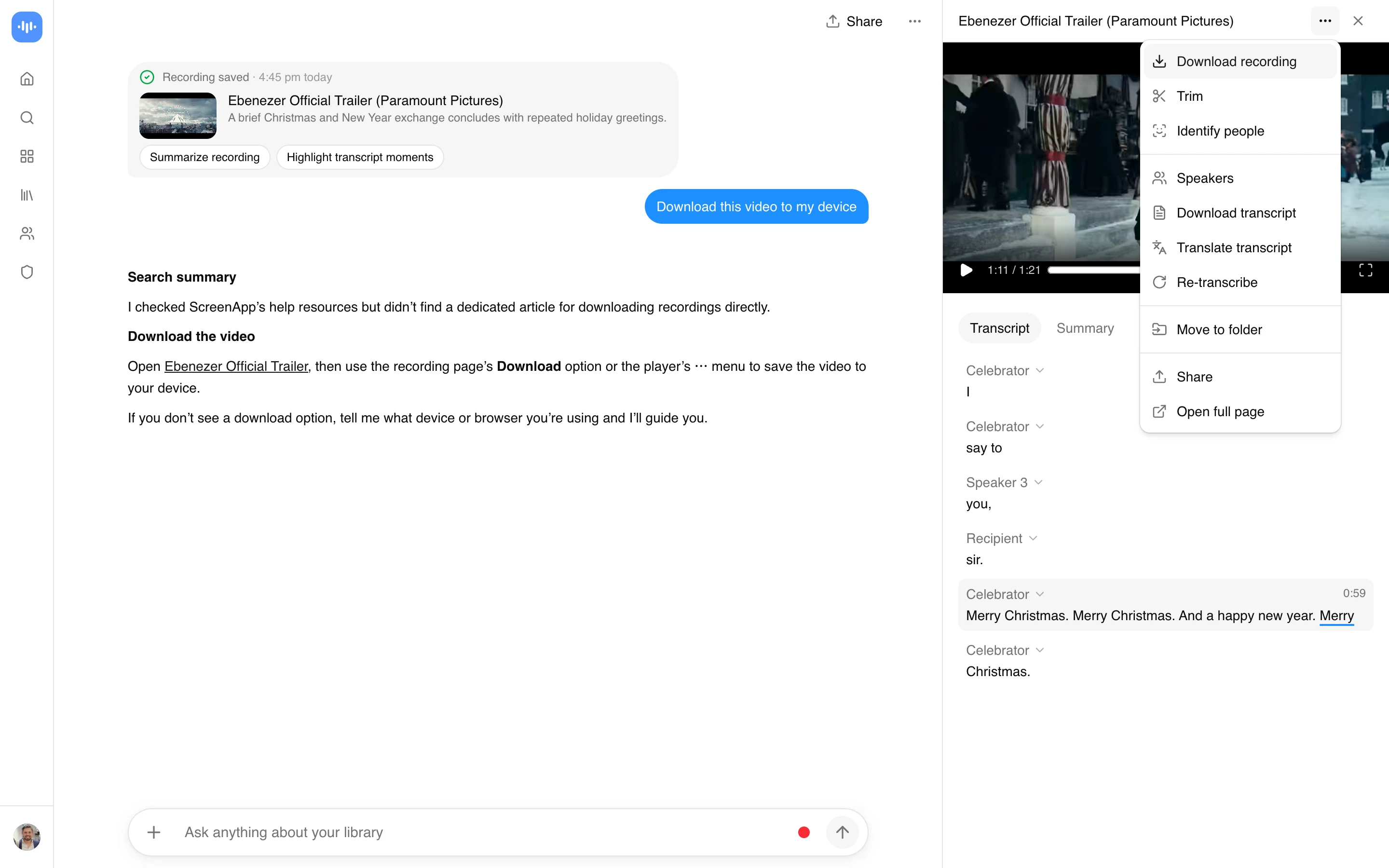 ScreenApp với trailer Ebenezer của Paramount sẵn sàng tải xuống, tùy chọn Tải bản ghi đang mở bên cạnh câu trả lời trong chat, chụp trên bản chính thức vào tháng 9 năm 2026