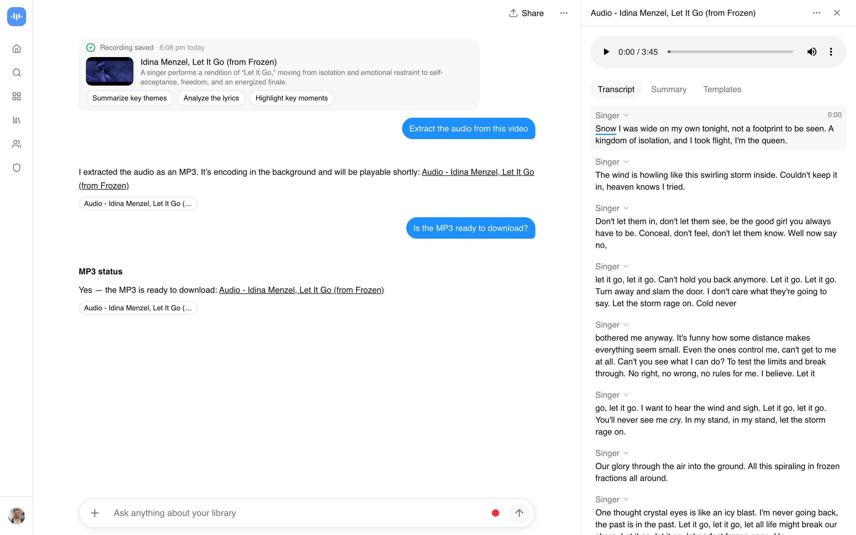 ScreenApp extracting the audio of Let It Go from Frozen as an MP3, ready to download with its lyrics transcript, captured in production in September 2026