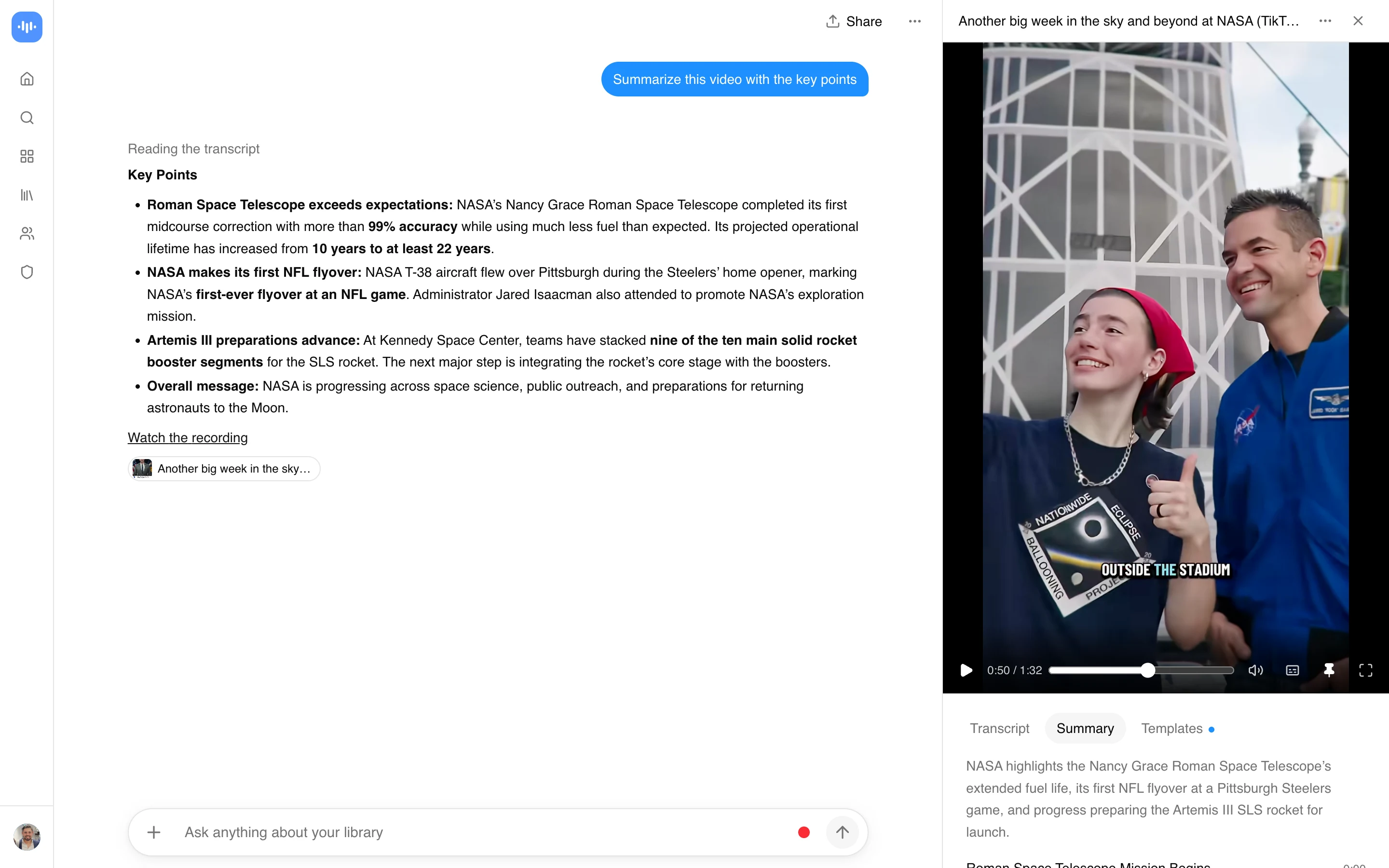 NASA의 틱톡 영상을 로먼 우주망원경, NFL 비행 이벤트, 아르테미스 III에 관한 핵심 내용으로 ScreenApp이 요약한 모습입니다. 2026년 9월 프로덕션 환경에서 캡처.