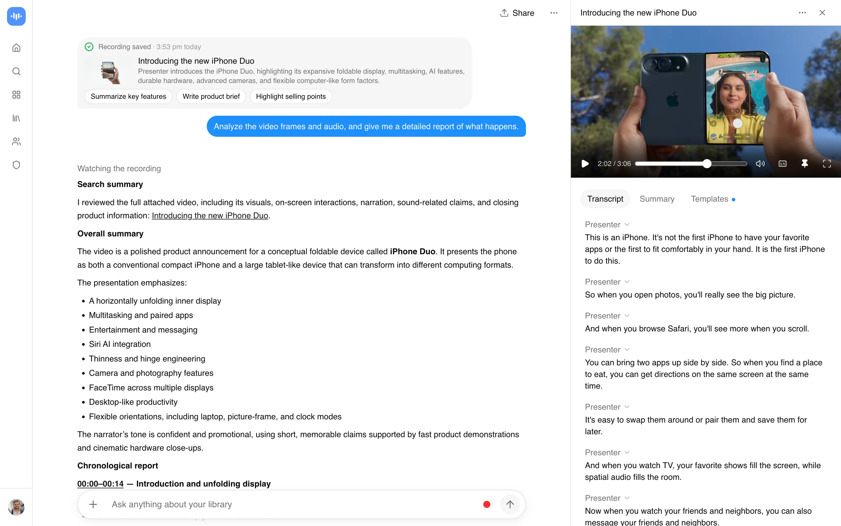 ScreenApp menganalisis setiap gambar dan audio dari film Introducing the new iPhone Duo milik Apple dan menulis laporan berisi timestamp tentang apa yang terjadi, diambil di lingkungan produksi pada September 2026.