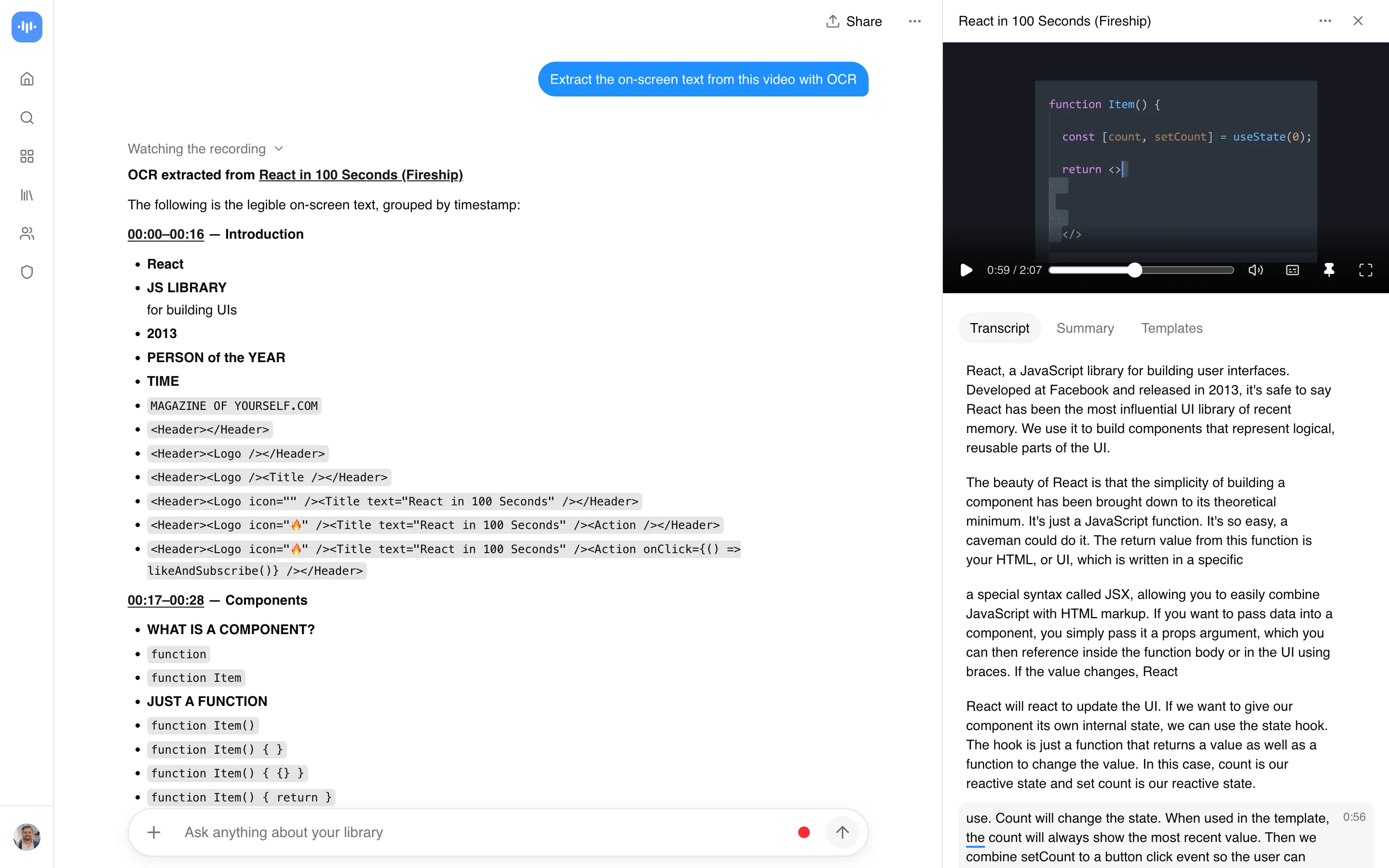 ScreenApp dùng OCR trích xuất văn bản và mã lệnh trên màn hình từ video React in 100 Seconds của Fireship, nhóm theo mốc thời gian. Chụp trong môi trường sản xuất tháng 9 năm 2026.