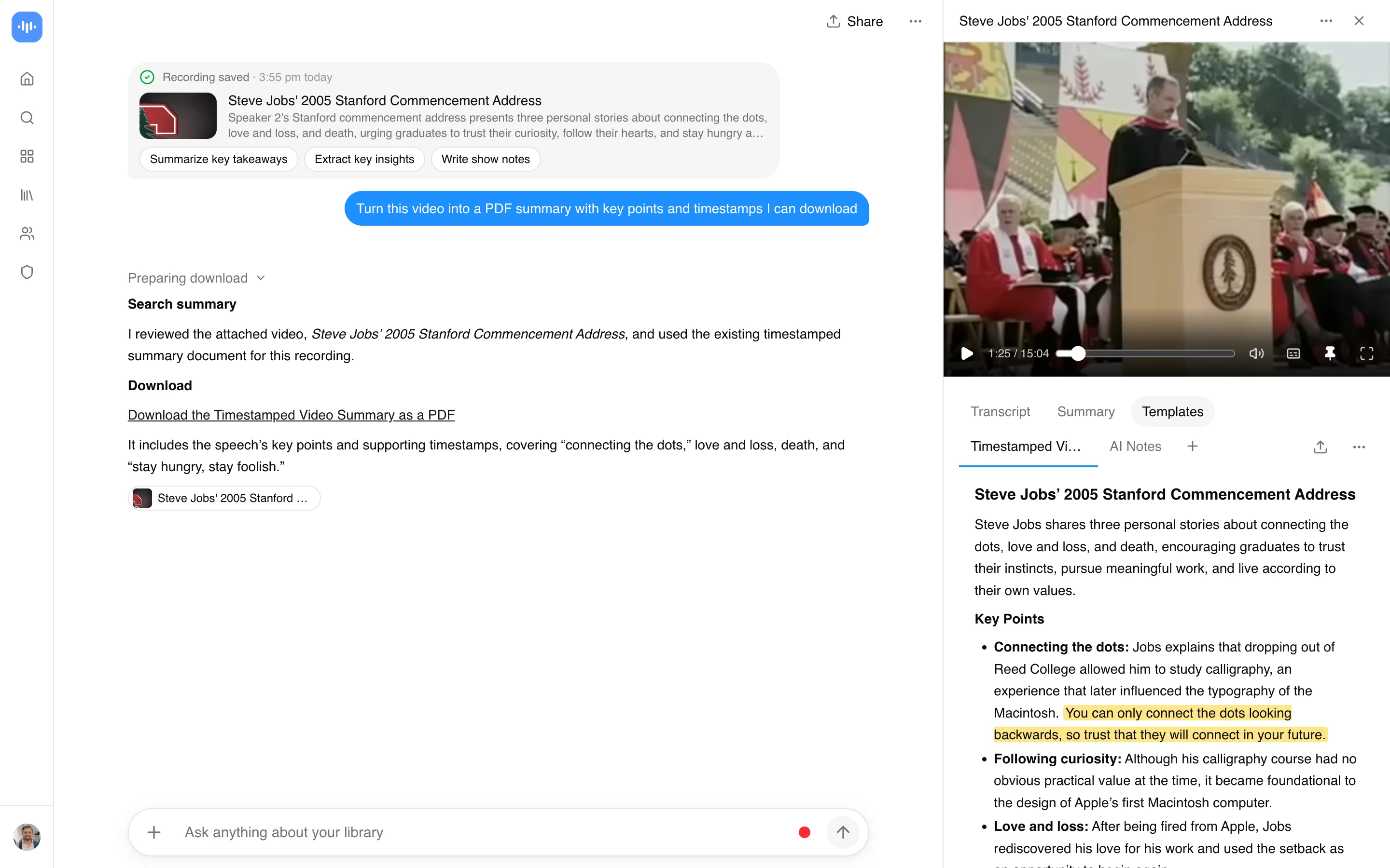 ScreenApp trasforma il discorso di laurea di Steve Jobs a Stanford del 2005 in un riepilogo in PDF con i punti chiave e i timestamp, con il link di download nella chat, acquisito in produzione a settembre 2026.
