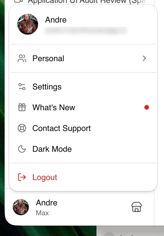 ScreenApp account menu with Settings highlighted
