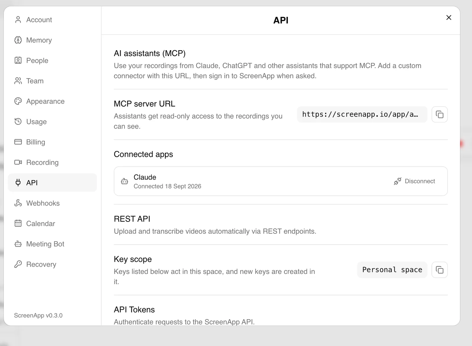 ScreenApp Settings, API tab, showing the AI assistants section and the MCP server URL