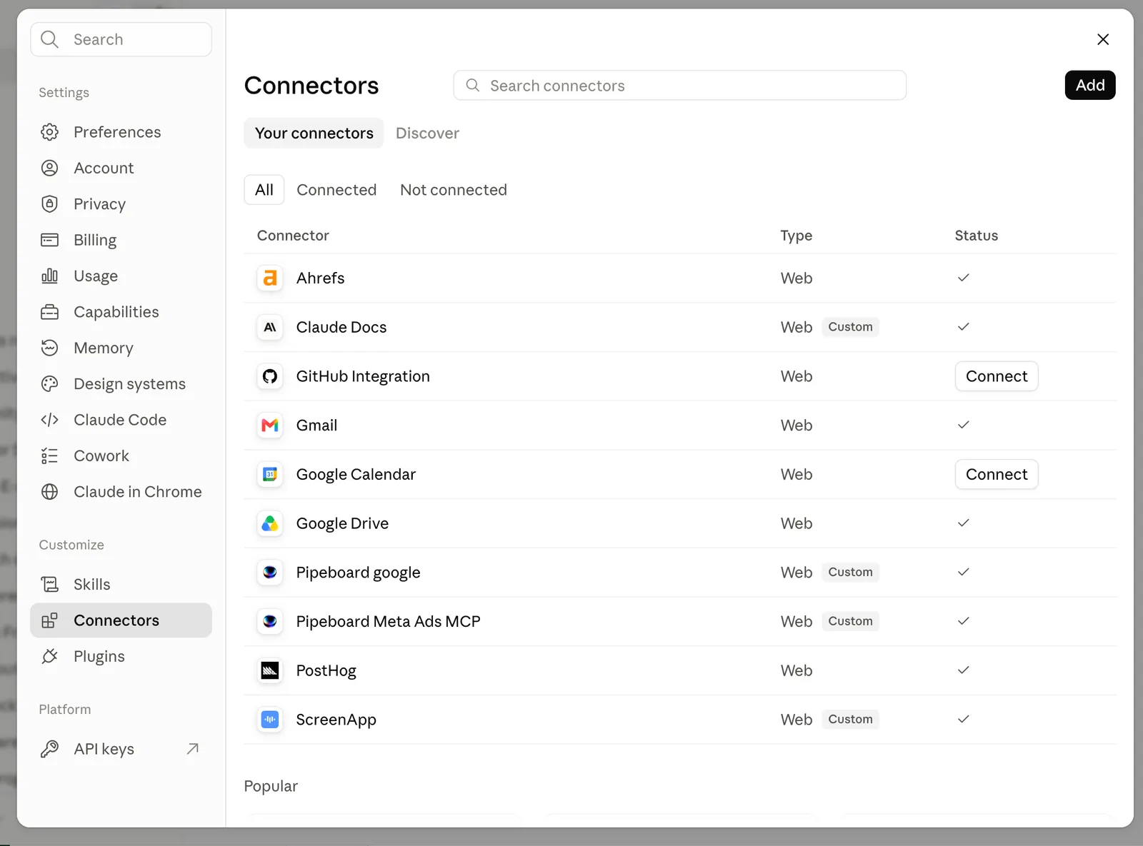 Claude settings showing ScreenApp in the connectors list
