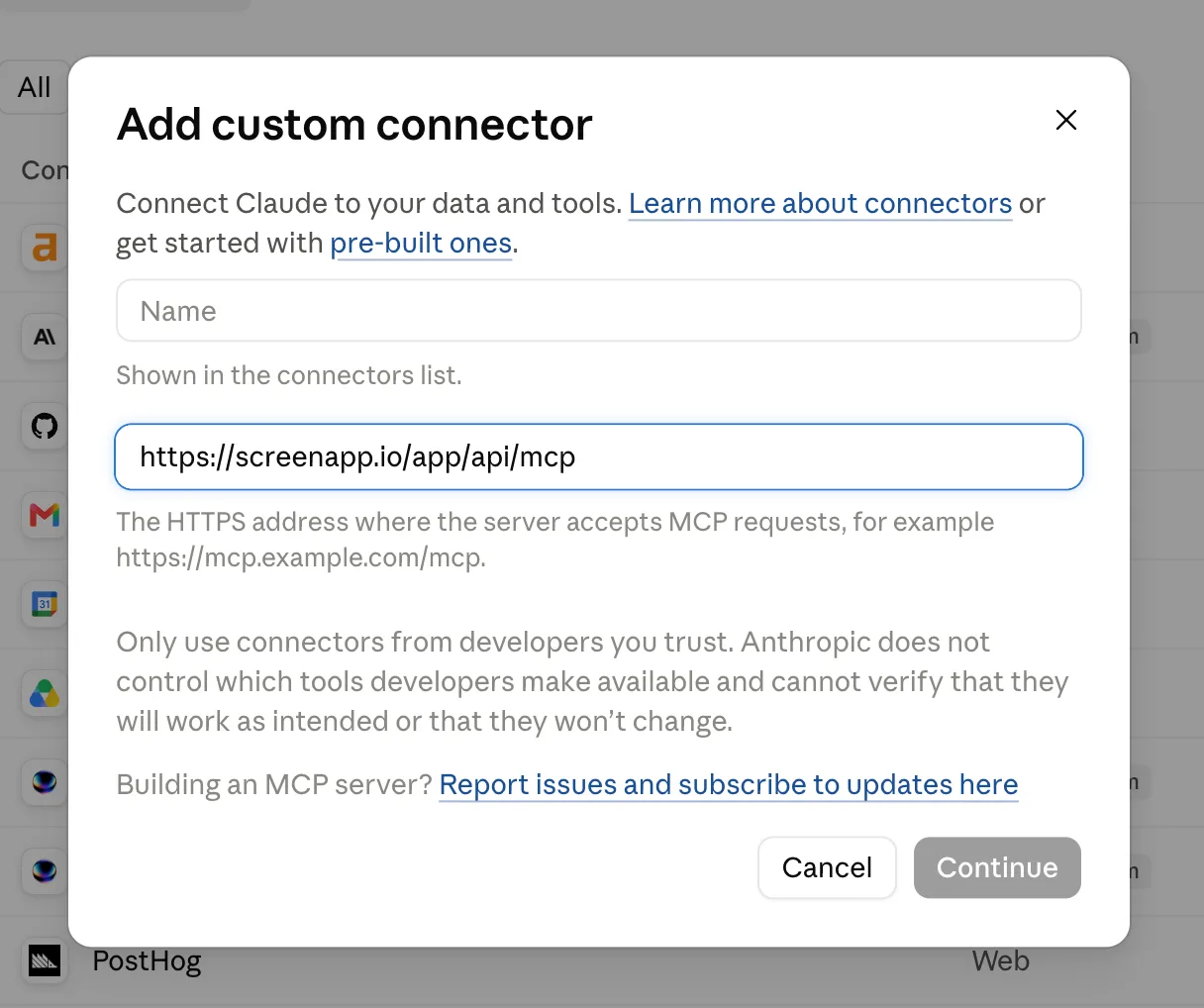 Claude's Add custom connector dialog with the ScreenApp MCP server URL