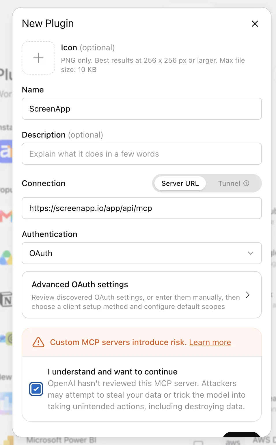 ChatGPT's New Plugin dialog with the ScreenApp server URL and OAuth authentication