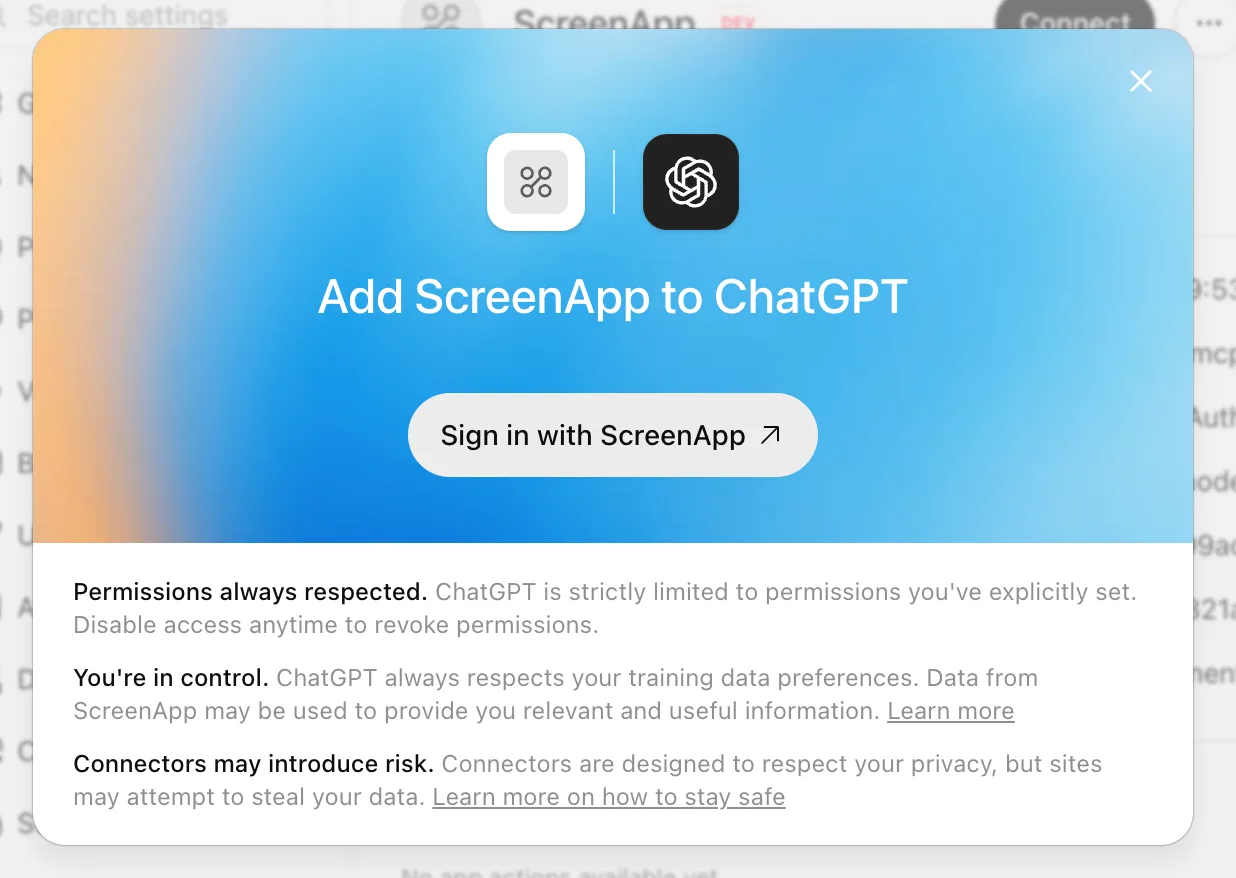 The ChatGPT sheet with the Sign in with ScreenApp button