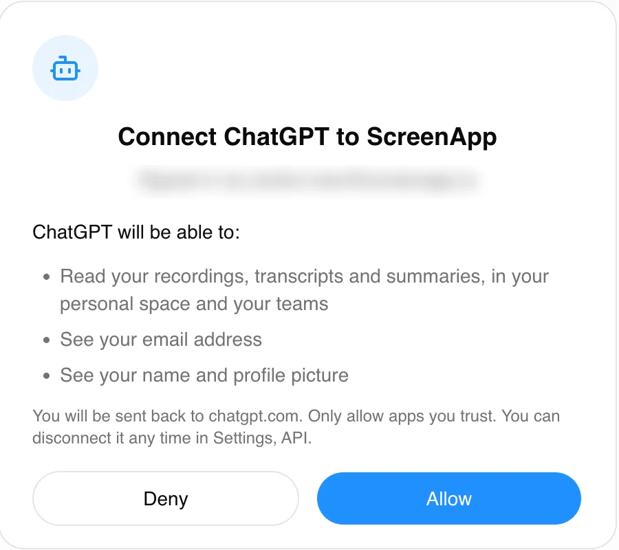 The ScreenApp consent screen listing what the assistant will be able to read