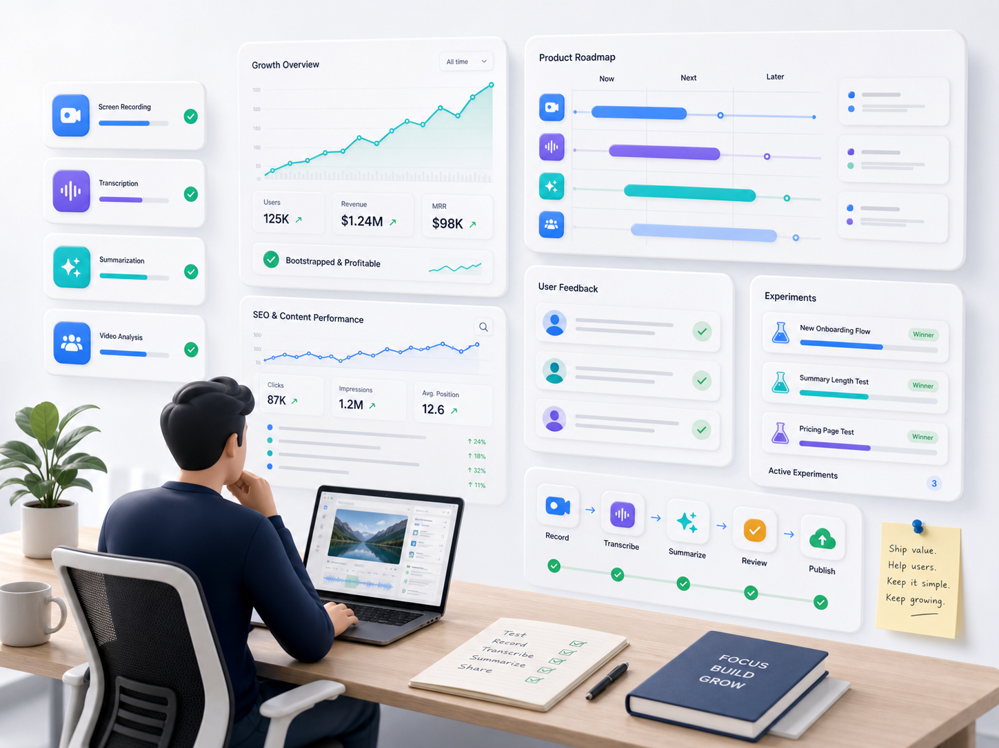 Stylized founder dashboard with product roadmap, growth metrics, and content performance panels