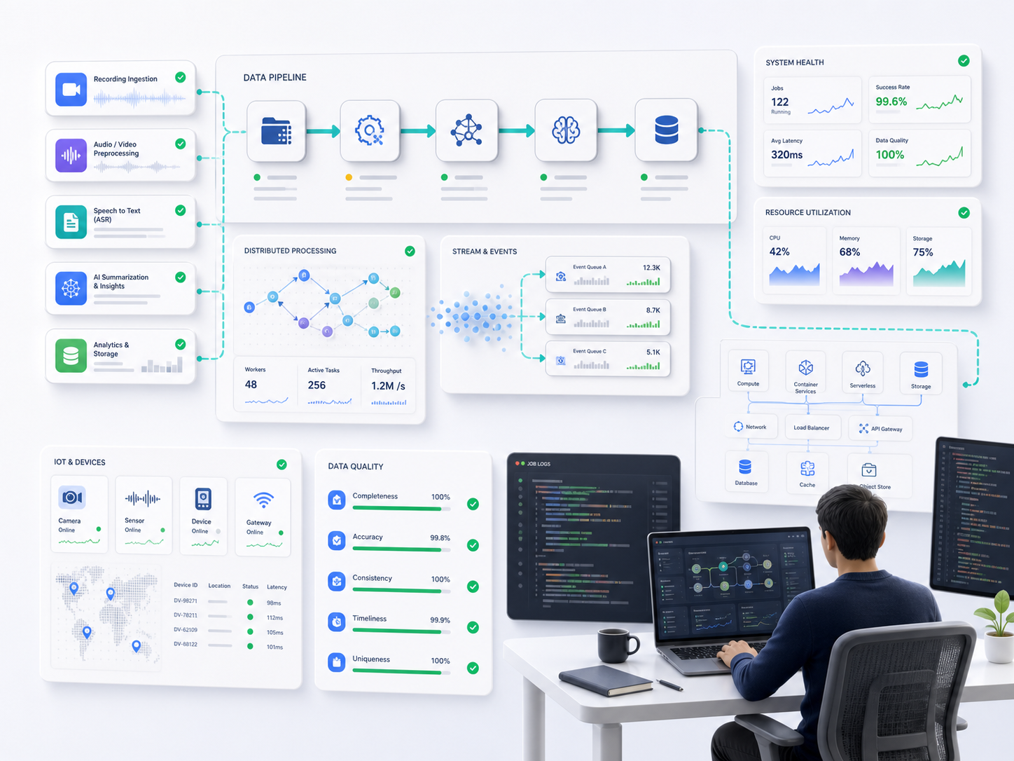 Stylized platform engineering dashboard with data pipelines and cloud infrastructure panels