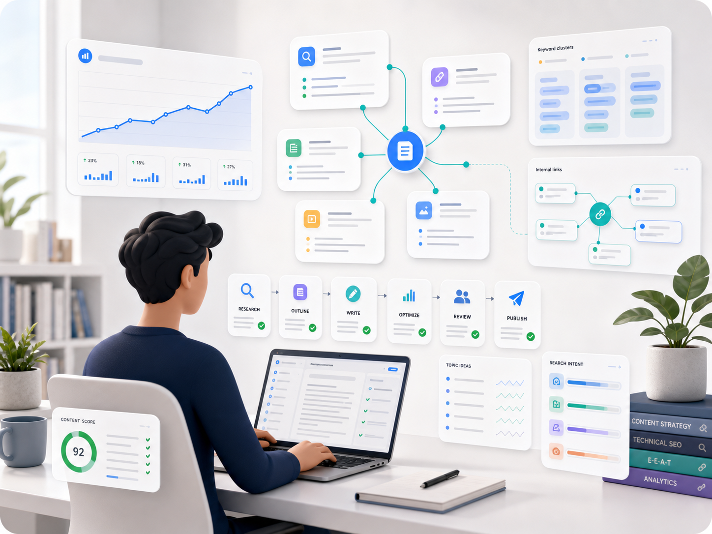 Stylized SEO content strategy dashboard with keyword clusters and accuracy checks